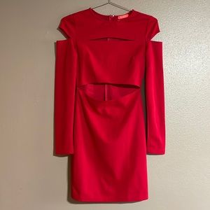 Banjul- sexy red long sleeve midi dress, cold shoulder, bust & stomach cut outs